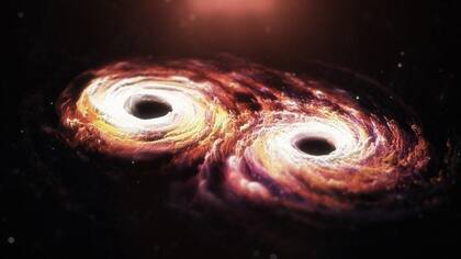 Impresión artística de agujeros negros supermasivos en el corazón de cada galaxia que giran en espiral entre sí.