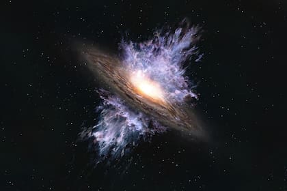 Impresión artística de un viento galáctico impulsado por un agujero negro supermasivo ubicado en el centro de una galaxia