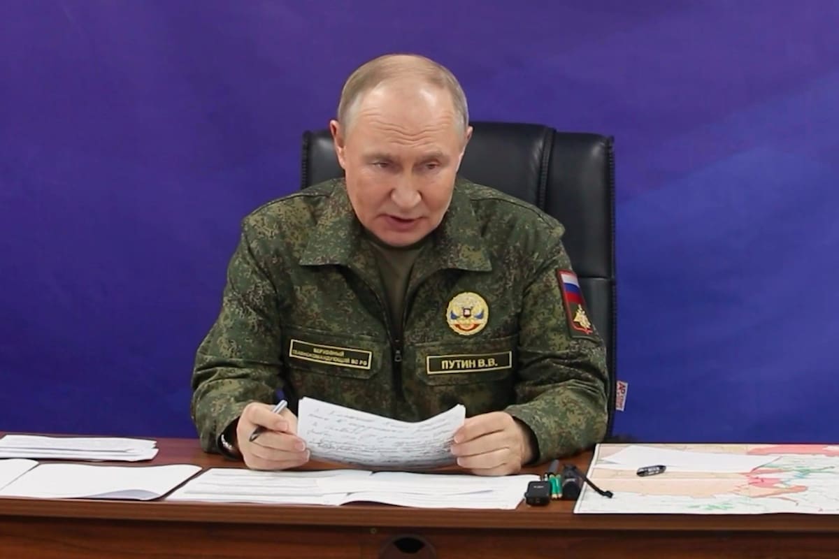 In this image made from video released by the Russian Presidential Press Office on Sunday, Oct. 26, 2025, Russian President Vladimir Putin speaks while visiting one of the command posts of the Joint Group of Forces. (Russian Presidential Press Office via AP)