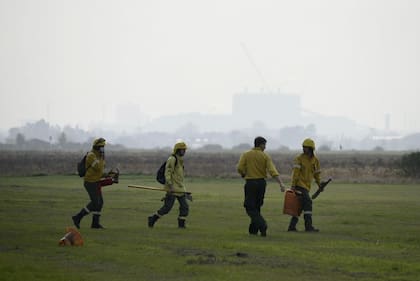 Brigadistas trabajan para apagar los incendios en el Delta, que hacen cubrir de humo la zona de San Nicolás y Villa Constitución