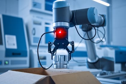 Industry 4.0 Modern Factory: Programmed Robot arm Packing Metal Components into Cardboard Box. Production Line Machine Picks Packs Product into Package on Conveyor. Fully Automated Warehouse Robotics