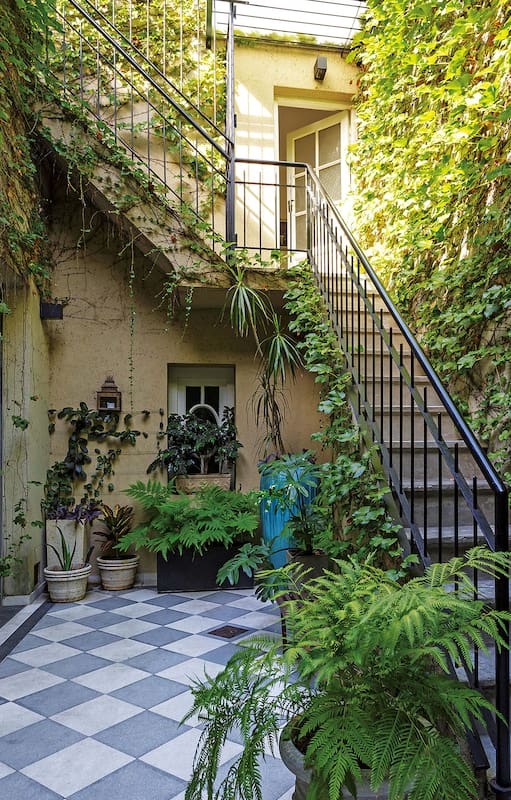 Inesperada visión del más porteño pasado, el patio con damero está poblado de macetas con plantas amigas de la sombra que invitan a iniciar el recorrido escaleras arriba.