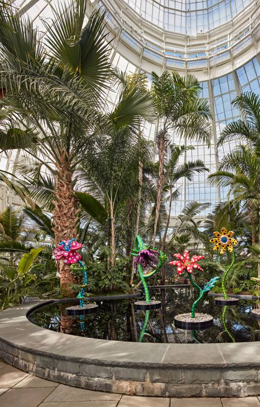 Instalación compuesta por estructuras de acero inoxidable con forma de flor, rodeada de palmeras naturales, en la obra My Soul Blooms Forever (2019) de Yayoi Kuzama, expuesta por estos días en el Jardín Botánico de Nueva York.