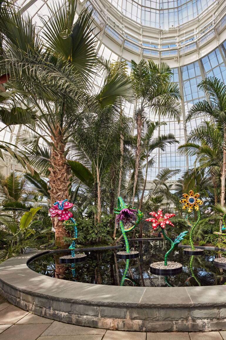 Instalación compuesta por estructuras de acero inoxidable con forma de flor, rodeada de palmeras naturales, en la obra My Soul Blooms Forever (2019) de Yayoi Kuzama, expuesta por estos días en el Jardín Botánico de Nueva York.