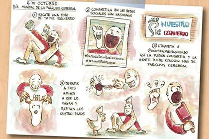 Instrucciones para la iniciativa de sacar una foto del pie izquierdo para subir a las redes por el día mundial de la parálisis cerebral. Ilustración Andrés Miguens