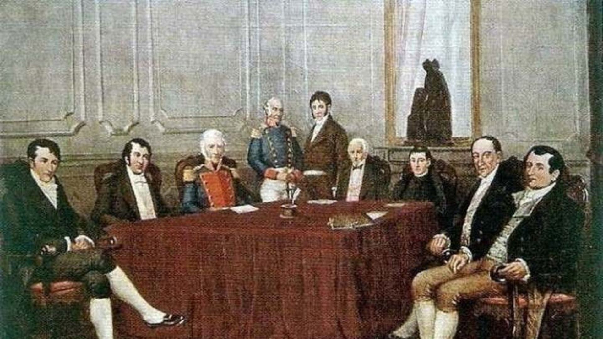 Integrantes de la Primera Junta de Gobierno, de izquierda a derecha: Belgrano, Castelli, Saavedra, Azcuénaga, Larrea, Matheu, Alberti, Paso y Moreno