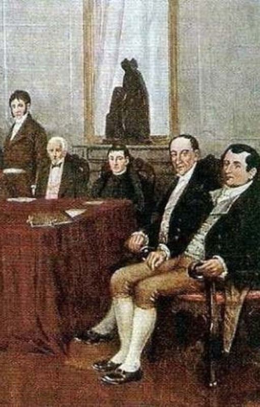 Integrantes de la Primera Junta de Gobierno, de izquierda a derecha: Belgrano, Castelli, Saavedra, Azcuénaga, Larrea, Matheu, Alberti, Paso y Moreno