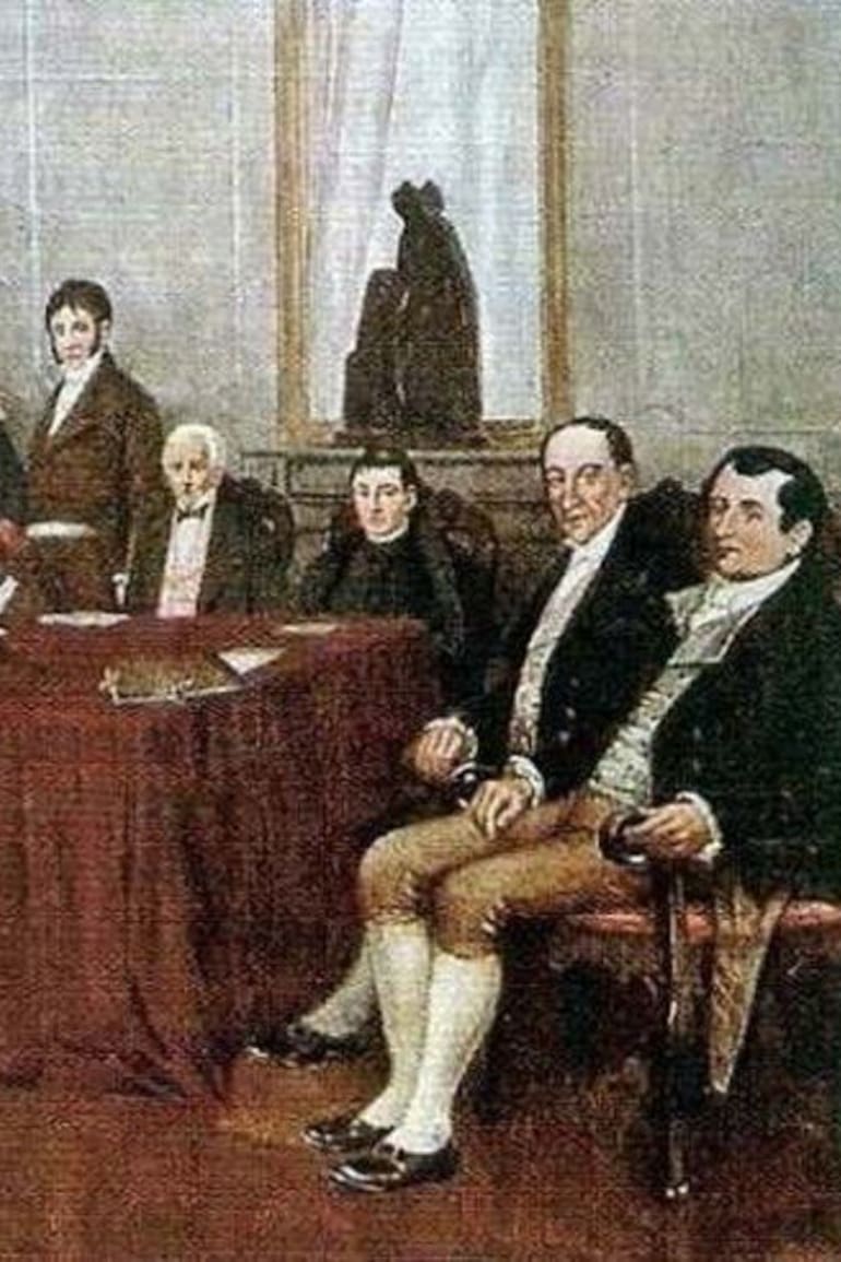 Integrantes de la Primera Junta de Gobierno, de izquierda a derecha: Belgrano, Castelli, Saavedra, Azcuénaga, Larrea, Matheu, Alberti, Paso y Moreno