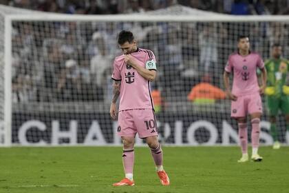 Inter Miami's Lionel Messi reacts after Monterrey's German Berterame scoring his side's second goal during a CONCACAF Champions Cup quarter final second leg soccer match at the BBVA stadium in Monterrey, Mexico, Wednesday, April 10, 2024. (AP Photo/Eduardo Verdugo)�