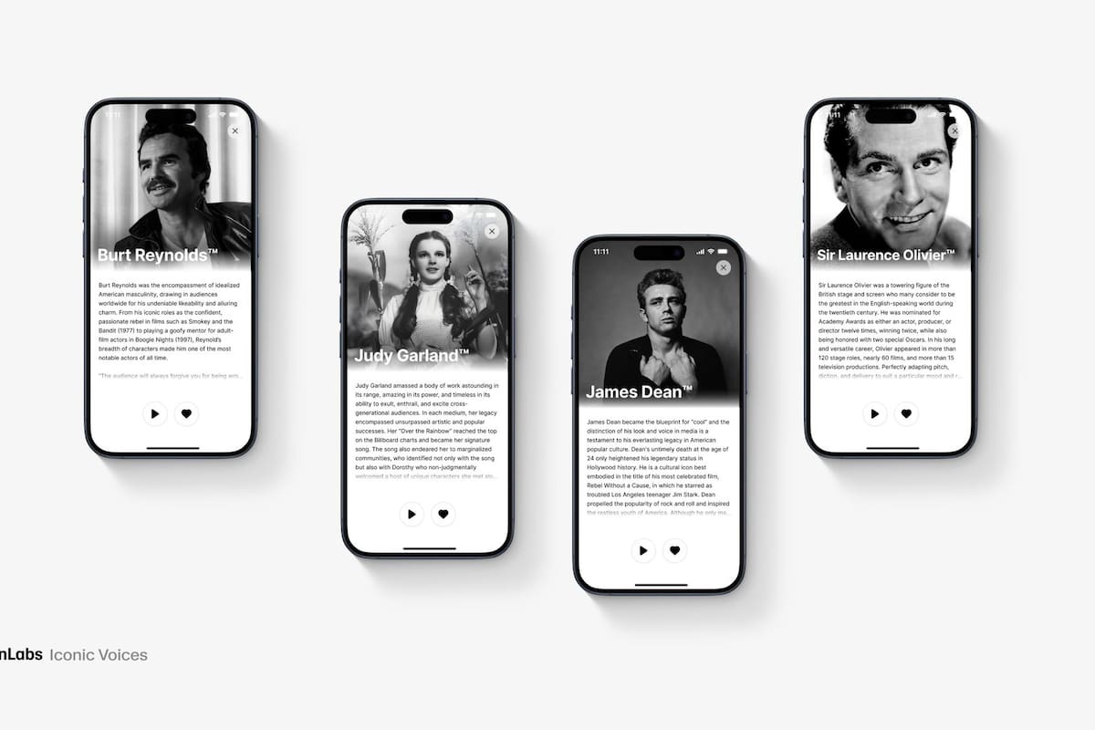 Interfaz de Reader, la app de lectura de ElevenLabs que permite usar voces de actores clásicos de Hollywood