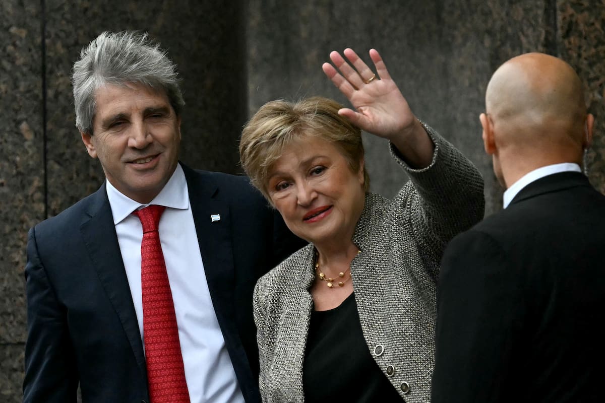 International Monetary Fund (IMF) Managing Director Kristalina Georgieva waves as she arrives for a meeting with Argentina's Economy Minister Luis Caputo at the Economy Ministry in Buenos Aires on July 27, 2026. (Photo by Luis ROBAYO / AFP)