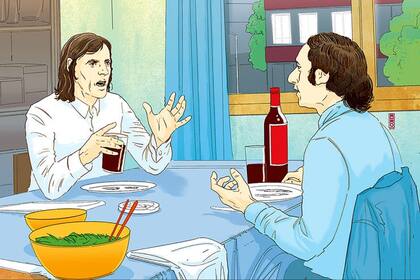 Invitados por Roberto Saporiti, en 1976 Menotti y Bilardo compartieron una cena por más de 7 horas y charlaron de fútbol de manera apasionada (Dibujo de Silvio Kiko)