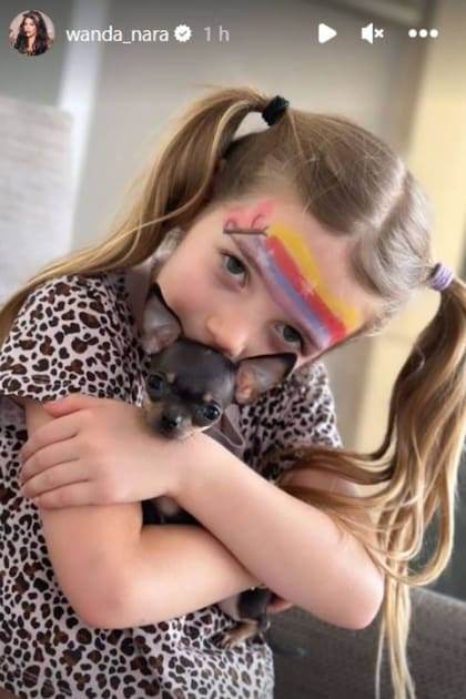 Isabella Icardi, hija de Wanda Nara y Mauro Icardi, posa con uno de los chihuahuas de la familia