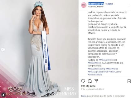 Isadora Lagos fue nombrada Miss Guerrero en 2024 y participaría en el certamen de belleza nacional este 2025 (Instagram/@missmexicoorg)