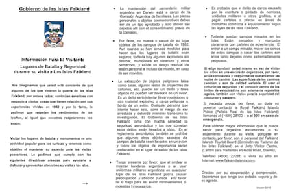 Islas Malvinas; folleto entrada islas