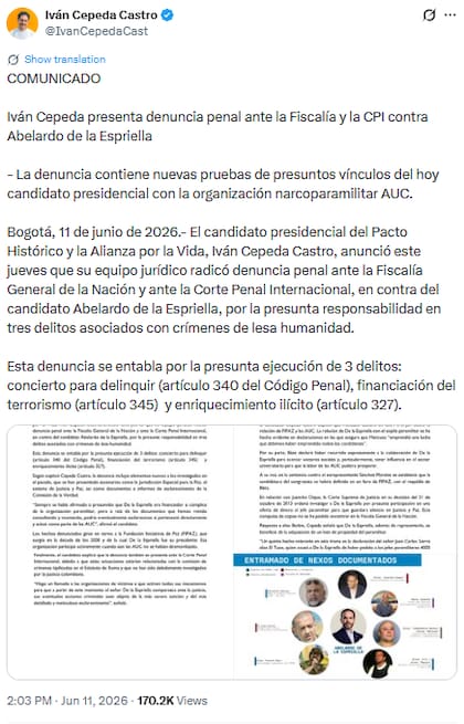 Ivan Cepeda denunció a Abelardo de la Espriella por los delitos de concierto para delinquir, financiación del terrorismo y enriquecimiento ilícito