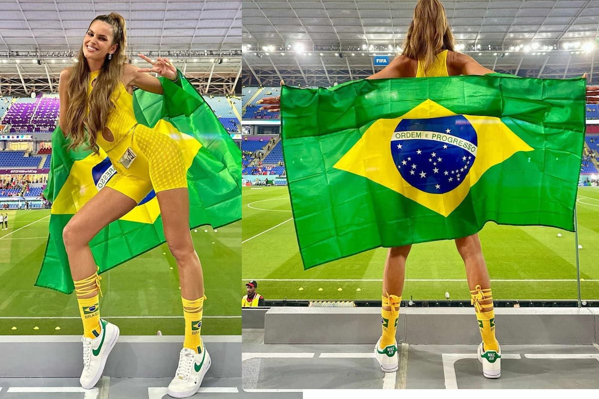 Izabel Goulart combina sus atuendos con la bandera de Brasil para atraer los reflectores en los estadios