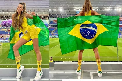 Izabel Goulart combina sus atuendos con la bandera de Brasil para atraer los reflectores en los estadios