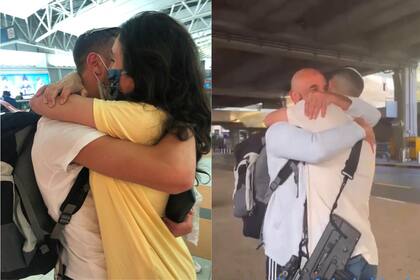 Izq.: Abrazo de despedida en Ezeiza en 2020, plena pandemia y con barbijos. Der.: Abrazo de rencuentro en Tel Aviv, en 2023, en el contexto de la guerra.