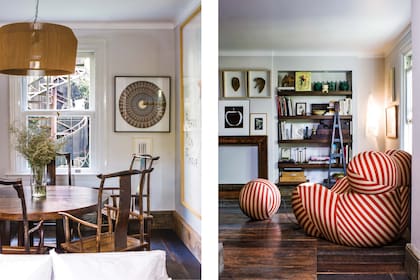 En el comedor, mesa (Pablo Ledesma), sillas (Lejano Oriente) y vista a la torre que aloja el estudio. Obras Eduardo Hoffmann y Sébastien de Ganay. Lámpara colgante (Net). El protagónico del living es para el sillón ‘Up’, clásico del diseñador italiano Gaetano Pesce.