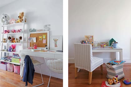 Izq.: Escritorio laqueado y sillas Bertoia con corderitos (todo de Olivia D). Der.: Mesa con tapa en mármol de Carrara y silla con funda de tussor rayado (Olivia D).