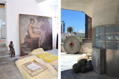 Izq.: Esculturas de madera junto a una pintura de estilo clásico en la escalera que conduce al vestidor. Der.: Una puerta como de antiguo cine brilla junto a enormes piedras de molino bajo una visera de hormigón que protege del sol que cae a pique.