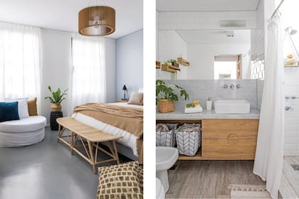 Lámpara colgante (Ikea), banqueta (Profunda Decoración). En el baño, mueble de melamina enchapada (Ideï Arquitectura) con mesada de mármol de Carrara (Marmolería Cervaiole), bacha (Pringles San Luis) y grifería de pared (FV).