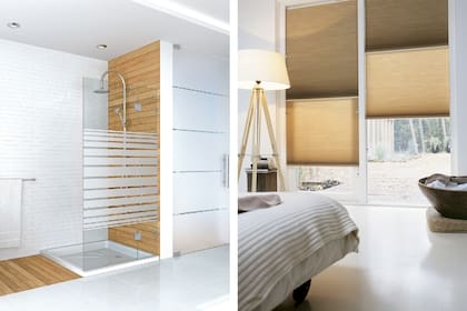 Izq.: Las mamparas con líneas minimalistas de Shawer crean ambientes modernos. Der.: El modelo Duette de Hunter Douglas permite correr las cortinas tanto desde la parte superior como inferior del vano.