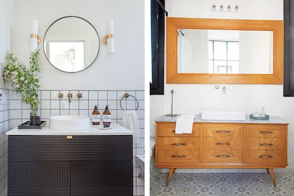 Izq.: Mesada (Baremes). Bacha (Barugel). Grifería y accesorios ‘Belfast’ (Robinet). Espejo (Jungla) Apliques de pared ‘L28’ (Astor Luces). Der.: Cómoda (Bric à Brac) y espejo (RJO Demoliciones). Calcáreos (Mosaicos Blangino).