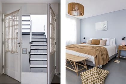 Cortinas en macramé (Vero Alessandrini) abren la suite. En el piso, almohadones ‘Báltico’ (Huitrú), a tono con la manta (Sol Palou Deco). El cuadro es obra del dueño de casa, Alejandro Cortina.