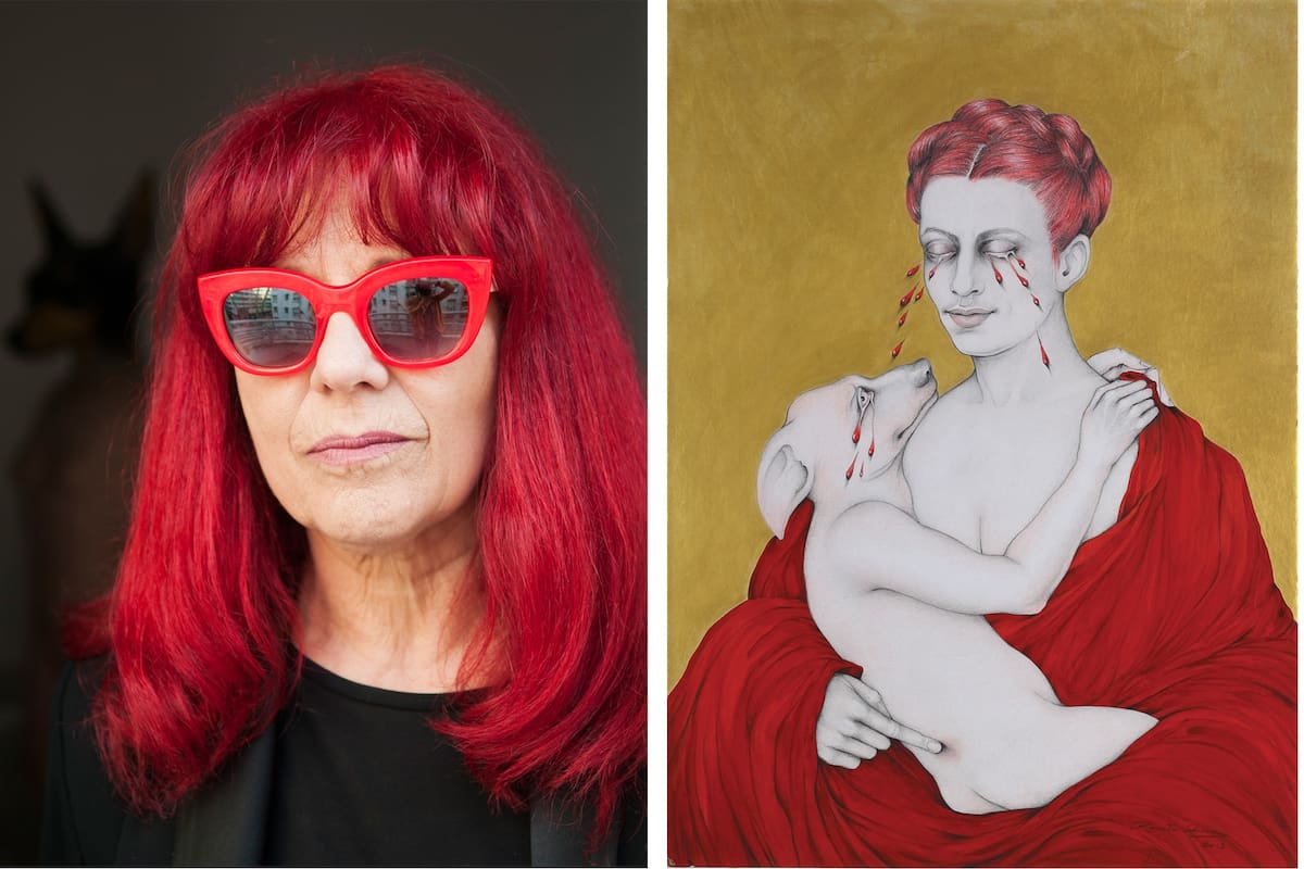Izq.: "Uso el pelo rojo desde hace 40 años. Es energía pura. Al principio me gritaban de todo por la calle. También probé el violeta, pero no me sentí cómoda." Der.: "Este dibujo, exhibido en Cantata, es el último eslabón de Estado de gracia, mi última muestra, que estaba relacionada con los perros.