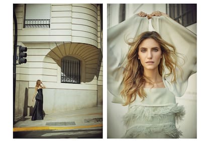 Izq., vestido strapless de raso doble opaco Mikado, con lazo en la cintura de tafetán de seda natural, de Pablo Ramírez. Der., vestido de línea evasé en seda natural intervenido con plumas y cristales con mangas campana, de Evangelina Bomparola