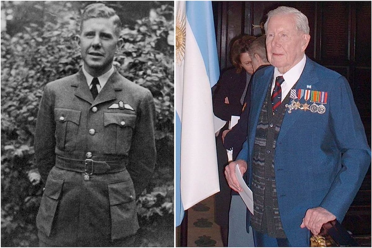 Izquierda: Alexander Watt con su uniforme de la RAF. Derecha:en Londres luego de la misa católica que oficiaron la Royal Air Force y la Fuerza Aérea Argentina