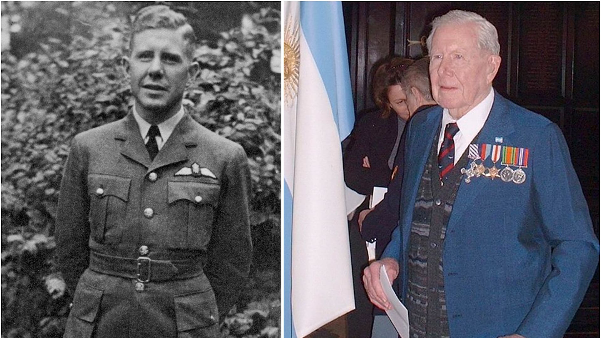 Izquierda: Alexander Watt con su uniforme de la RAF. Derecha:en Londres luego de la misa católica que oficiaron la Royal Air Force y la Fuerza Aérea Argentina