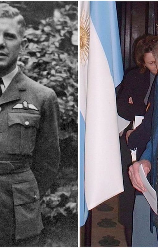 Izquierda: Alexander Watt con su uniforme de la RAF. Derecha:en Londres luego de la misa católica que oficiaron la Royal Air Force y la Fuerza Aérea Argentina