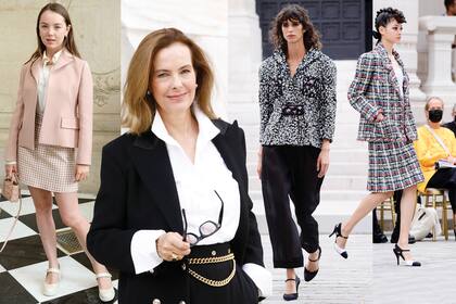 Izquierda: Alexandra de Hannover voló a la capital francesa para ver algunos shows. Centro, izquierda: la actriz francesa Carole Bouquet estuvo entre las invitadas a la presentación de Chanel. Es suegra de Charlotte, la hermana mayor de la princesa Alexandra. Centro, derecha: una “veterana” en los catwalks de París, la argentina Mica Argañaraz participó del desfile de Chanel. Derecha: en la era Viard, los tailleurs de tweed se llevan oversized, con falsos mohawks y guillerminas.