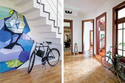 Izquierda. Color y geometría en el depto del rosarino Diego Martínez (Foto Javier Picerno). Derecha. Los dueños de casa se sienten atraídos por el valor intangible de los objetos como la bici que fue de Alex.