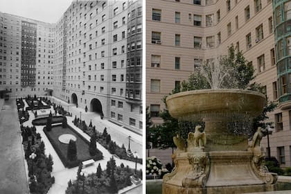 IZQUIERDA: Cuando se construyó el edificio, The New York Times promocionó el césped del patio como un espacio para "una veintena de niños para jugar". DERECHA: Gary Barnett, el desarrollador que compró el edificio en 1994, gastó $100 millones en restaurarlo y también resucitó la fuente a un costo enorme.