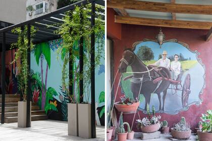Izquierda: La azotea de un edificio de la década del 60, ubicado en Palermo, luce un mural con motivos botánicos realizado por Diana Janin, que completa la obra de la arquitecta Ana Smud y de la paisajista Cristina Le Mehauté. Derecha: Aires de campo se refuerzan en la galería gracias a un mural que evoca una escena familiar en esta chacra de descanso ubicada en Carmelo, Uruguay.