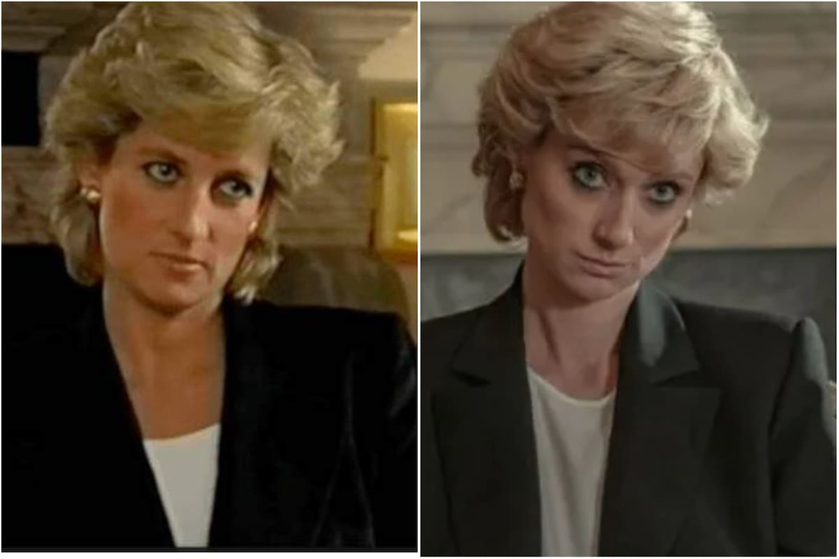 Izquierda. Lady Di durante la entrevista con la BBC. Derecha, la actriz Elizabeth Debicki, quien la interpreta en The Crown (Foto: Captura de video-Netflix)