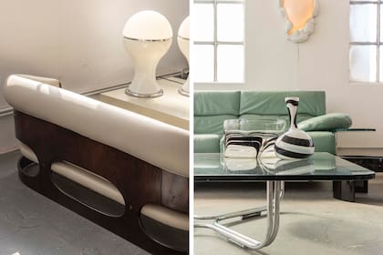Izquierda: Lámpara de opalina modelo Mongolfiera, Gianni Celada para Fontana Arte 1960’s. Derecha: Sillón Arca de Paolo Piva para B&B, vidrios soplados de Alberto Churba y lámpara experimental de The Internet Office.