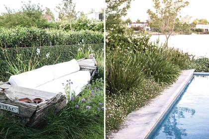 Izquierda: Un viejo bote en desuso se recicló como banco, de cara a la laguna. Derecha: La elección de las especies permite tener flores todo el año.
