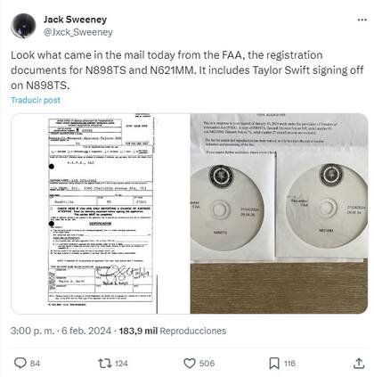 Jack Sweeney publicó este martes información de vuelos de Taylor Swift