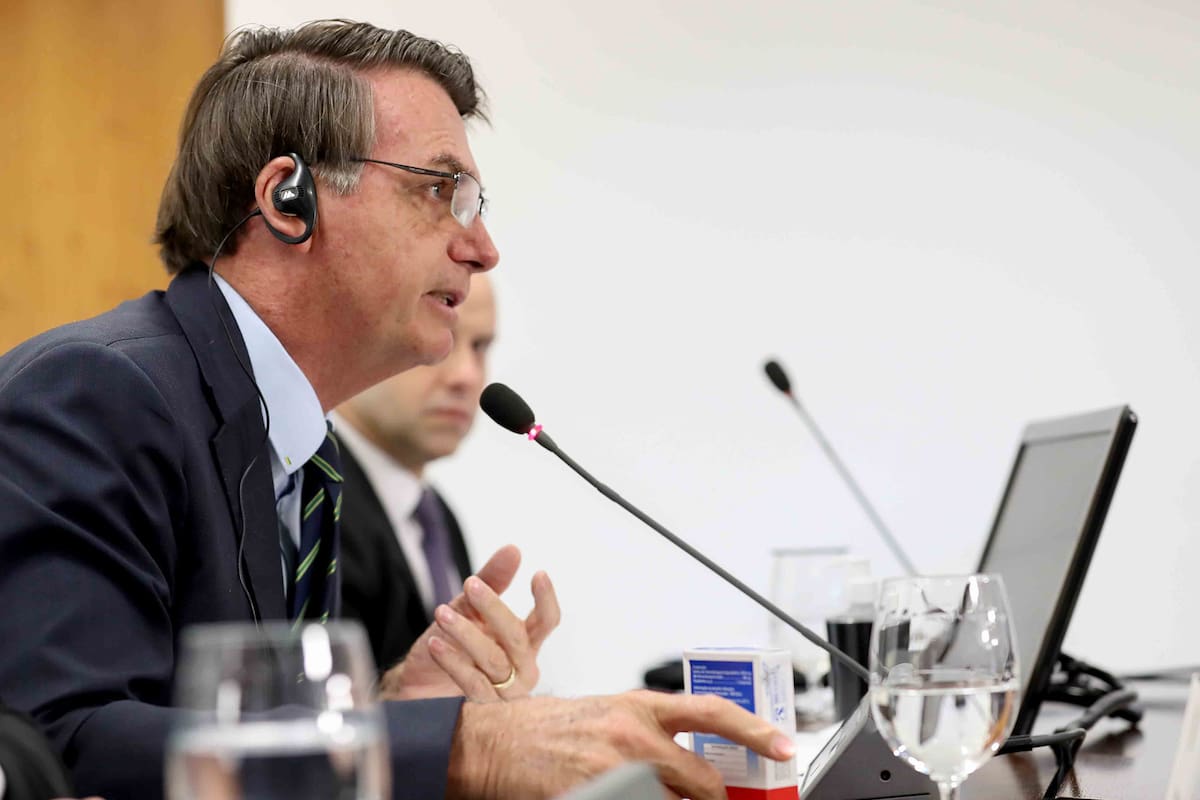 Jair Bolsonaro, hablando en la videoconferencia de la Cumbre Virtual Extraordinaria de Líderes del G20 sobre COVID-19
