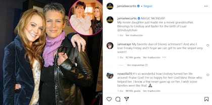 Jamie Lee Curtis festejó el nacimiento del hijo de Lindsay Lohan