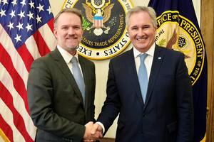 Jamieson Greer, representante comercial de Estados Unidos, junto al canciller Pablo Quirno, en Washington.