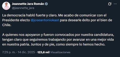 Jara admitió la derrota a través de su cuenta de X