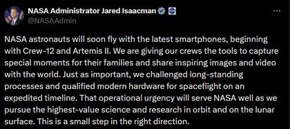Jared Isaacman, administrador de la NASA, confirmó que los astronautas de las misiones Crew-12 y Artemis II llevarán teléfonos inteligentes (X/@NASAAdmin)