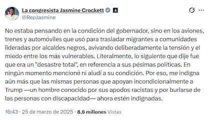 Jasmine Crockett aseguró que el insulto a Greg Abbott no hacía alusión a su discapacidad física