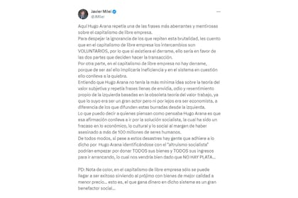 Javier Milei aprovechó la viralización de viejas declaraciones del actor Hugo Arana para reflexionar sobre los discursos de izquierda